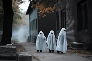 Trick Or Treat Prints: Kids in ghost costumes celebrating halloween at street. Generative AI