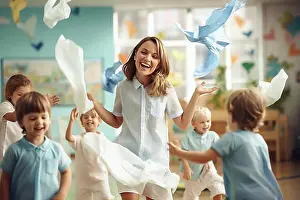 Kindergarten Prints: Kindergarten, children playing happily with kindergarten aunt having fun, AI generated