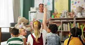 Students Prints: Kindergarten, children and question for teacher in class at montessori school