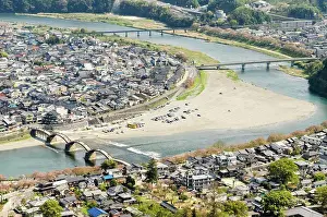 Asian And Indian Ethnicities Prints: Kintai Bridge, and the Nishiki River seen from Iwakuni Castle