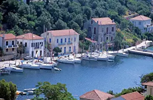 Union Prints: Kioni harbour and harbourside houses, including Hamilton House, Kioni, Ithaca, Greece