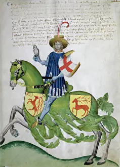Manuscript Prints: Knight in Blue Tunic on Green Horse: Capodilista Codex Manuscript Illumination Biblioteca Civica