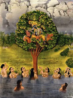 Chromolithograph Prints: Krishna seated in a tree above a river with the gopis clothes and making the gopis plead for their garments