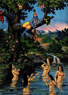 Watching Prints: Krishna stealing the cowgirls clothes and watching them bathe in the river below
