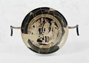 Ceramic Prints: Kylix Vase: Three Figures-Barbaric Satyr with Kill in Left Hand