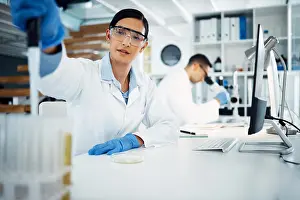 Expert Prints: Lab, microscope and scientist or working woman