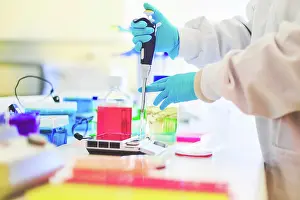 Protective Glove Prints: Labratory scientist extracting dna and biological material for testing from test tube on his desk