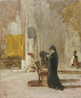 19th Century European Art Prints: A Lady Praying In Church. Mose Bianchi (1840-1904). Oil On Canvas