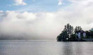 Alps Prints: Lake Bled Island and Morning Mist over the water, Slovenia