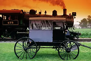 Drawn Prints: Lancaster County Pa Amish Horse Drawn Carriage Strasburg Railroad Steam Engine Locomotive Train