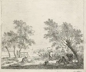 Thirteen Prints: Landscape with peasant woman tying corn together and a farmer harvesting corn