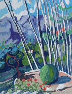 Idyll Prints: Landscape with watermelon in front by Josephine Trotter (b.1940/British)
