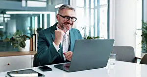 Case Prints: Laptop, businessman and excited with fist pump in office