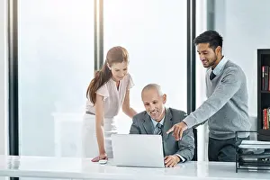 Project Management Prints: Laptop, feedback and teamwork in office