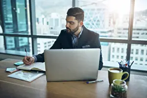 Paperwork Prints: Laptop, notebook and businessman in office for planning
