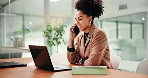 Project Management Prints: Laptop, phone call and smile of business woman in office for conversation