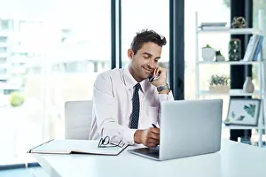 Notebook Prints: Laptop, phone call and writing with financial advisor man in office for communication or trading