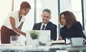 Coworker Prints: Laptop, review or business people in meeting with investor for feedback