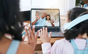 Video Prints: Laptop screen, video call and family with virtual communication