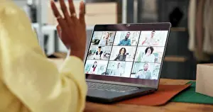 Logistics Prints: Laptop screen, video call and hand wave in small business for meeting or supply chain discussion