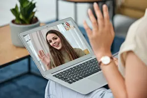 Video Prints: Laptop screen, wave and video call with woman in living room for communication