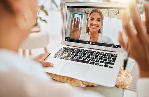 Video Prints: Laptop, video call and mental health with wave hello in virtual counseling consultation