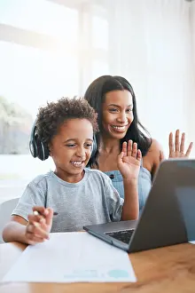 Video Prints: Laptop, video call and mother with child learning
