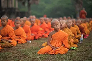 Celebrations Prints: Large group of Buddhist monks during the celebration of the Visak Bochea at the Angkor Wat temple