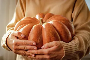 Farm Prints: A large orange pumpkin in the hands of a woman