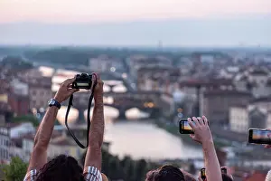 2023 Prints: Large tourist crowd on Piazzale Michelangelo enjoying sunset over Florence Large tourist crowd on Piazzale Michelangelo