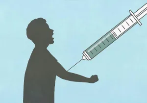 Precaution Prints: Large vaccination syringe injecting arm of screaming man