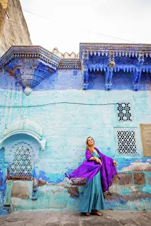 Glamor Prints: Laura Grier stands in the blue streets of Jodhpur, the Blue City, Rajasthan, India, Asia
