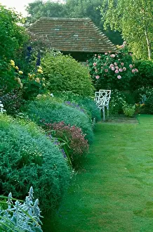 Scented Prints: Lawn and herbaceous border in large country garden in summer
