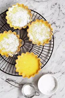 Flat Lay Prints: Lemon tarts dusted with icing sugar on a cake rack