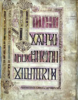 Manuscript Prints: The Lichfield Gospels or the St Chad gospels, detail of page 143, Initium page, 720-30 AD
