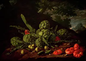 Green Color Prints: Still Life of Artichokes and Tomatoes in Landscape by Luis Egidio Melendez or Menendez (Naples 1716-1780 Madrid)