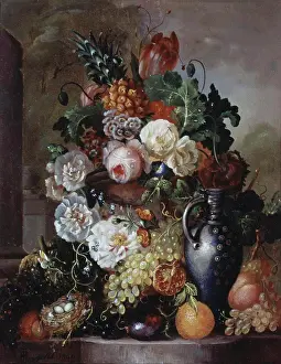 Arrangement Prints: Still Life Of Fruit And Flowers Francois Joseph Huygens (1820-1908 Belgian)