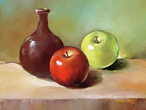 Round Prints: Still Life I, Two apples and vase on tabletop Oil painting