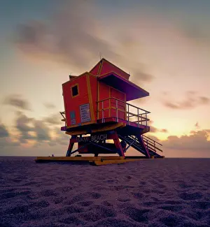 Ecoregion Prints: lifeguard tower at sunset sunrise summer Miami Beach beautiful sky