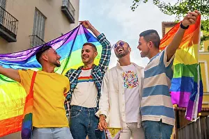 Thirty Prints: Lifestyle of homosexual friends having fun at gay pride party in the city
