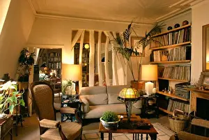 Livingrooms Prints: Lighted lamps in traditional cottage living room