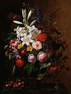 Paintings And Illustration Prints: Lilies, Pelargonium and Roses in a Greek Vase Johan Laurentz Jensen (1800-1856 Danish)