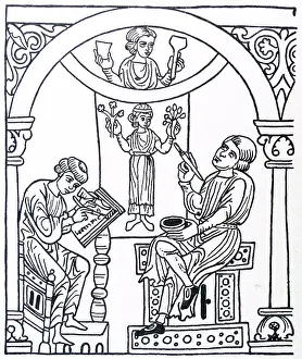 Mediaeval Prints: Line drawing of a mural painter painting