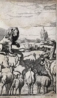 Surrounded Prints: A lion is standing on a rock surrounded by a large group of animals; illustration for a fable
