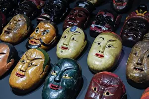 Lisbon Prints: Lisbon, Portugal. Display of Asian masks. (Editorial Use Only)