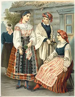 Headwear Prints: Lithuanian Traditional Costume 1889 Albert Kretschmer (1825-1891 German) Color lithograph