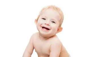 Tooth Prints: Little cute newborn baby child first milk or temporary teeth smiling face white isolated