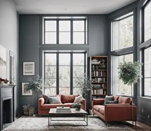 Lounge Prints: A living room with a fireplace and two couches