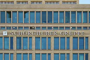 Inscription Prints: Logo and lettering, Schoerghuber Group, Munich, Upper Bavaria, Bavaria, Germany, Europe