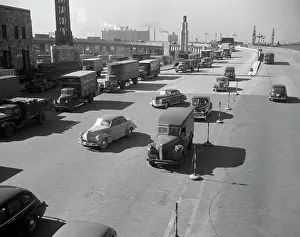 Industrial Building Prints: Lorries queuing near industrial building, high angle view